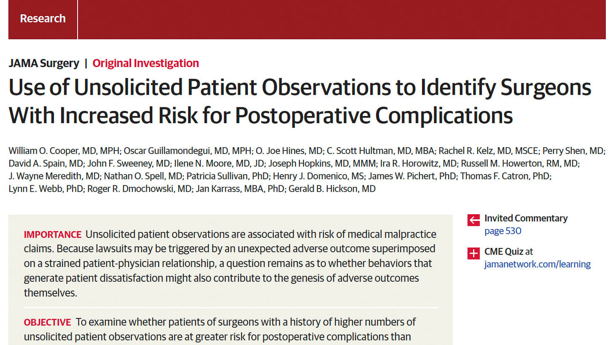 Research on the association between surgeon complaints and complication rates