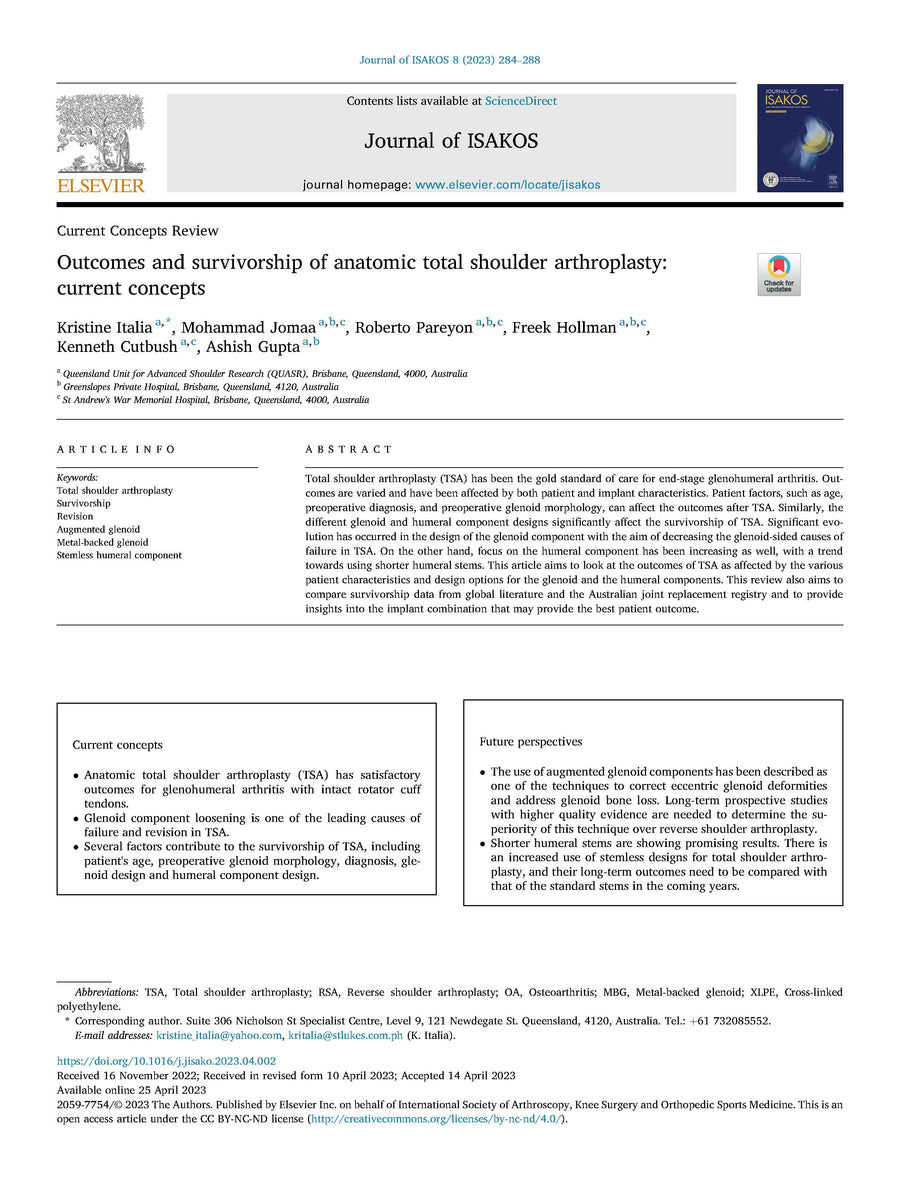 Current concepts review of outcomes and survivorship in anatomic total shoulder arthroplasty