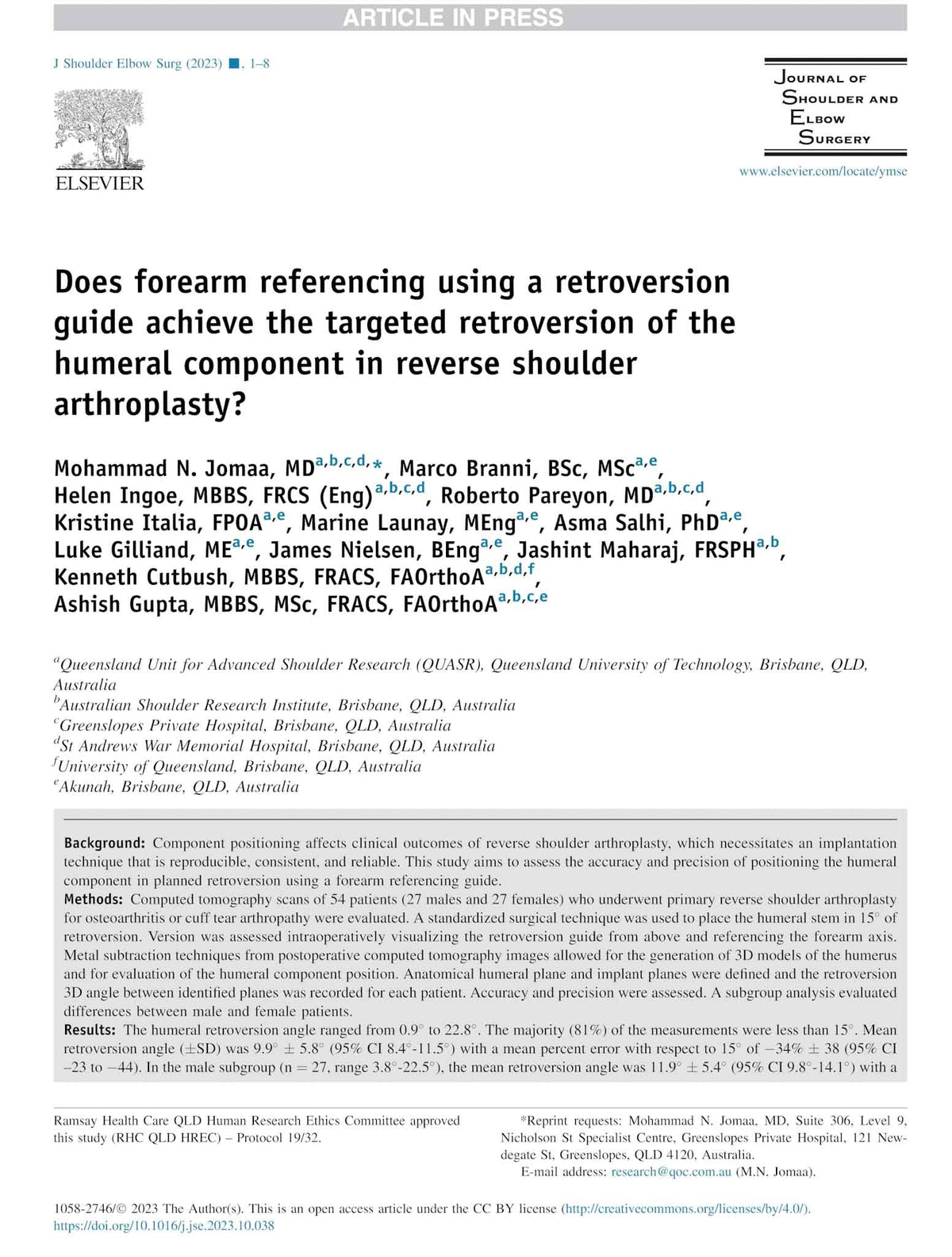 Published study on forearm referencing for humeral component retroversion