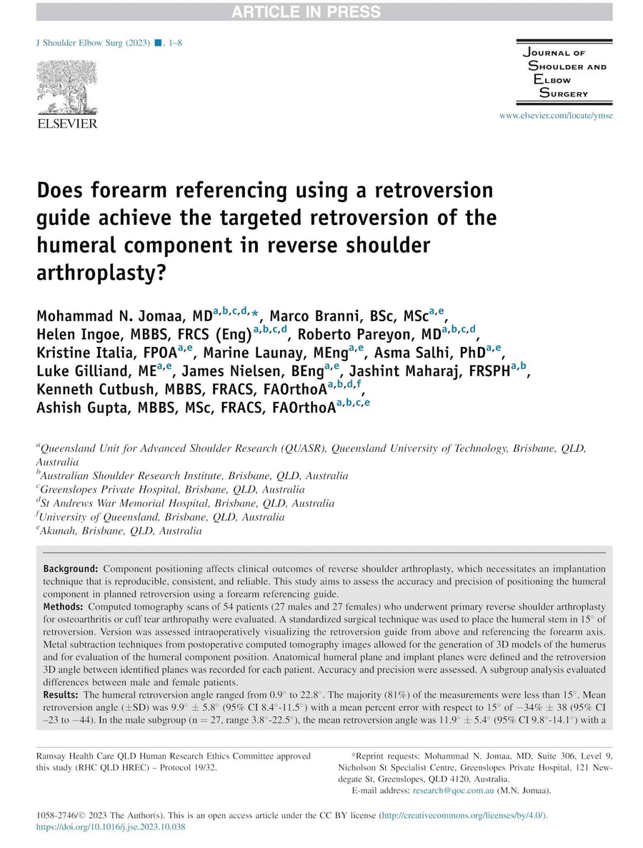 Published study on forearm referencing for humeral component retroversion