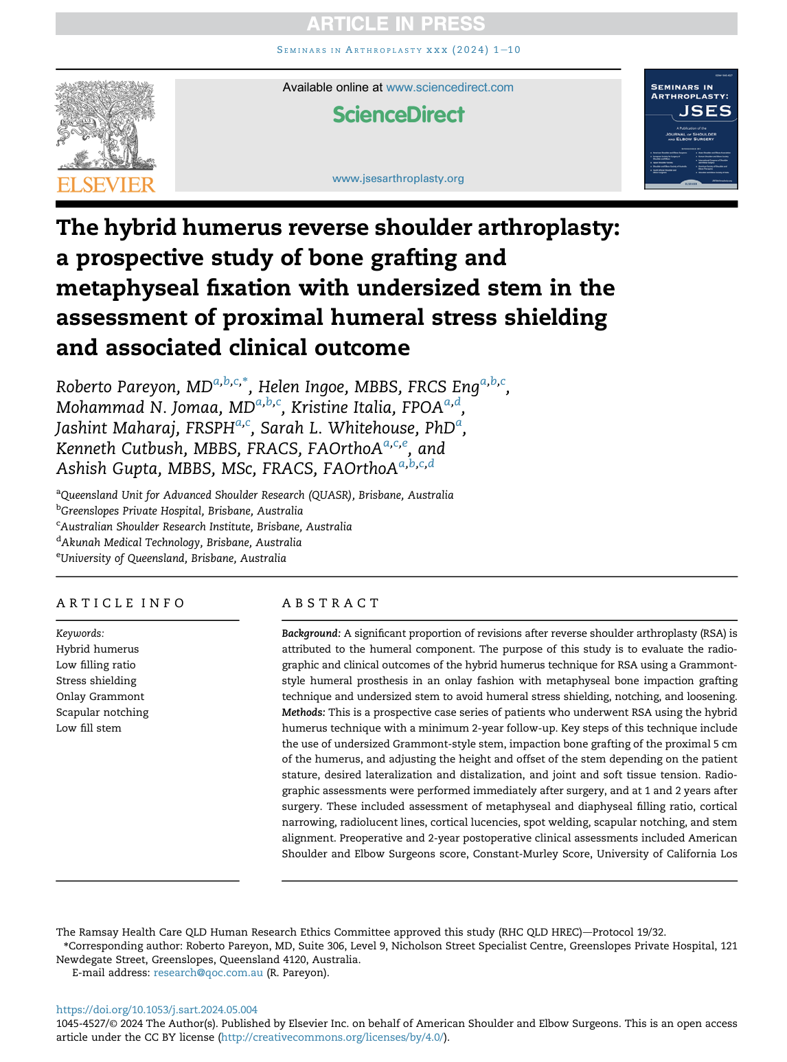Published study on the hybrid humerus reverse shoulder arthroplasty