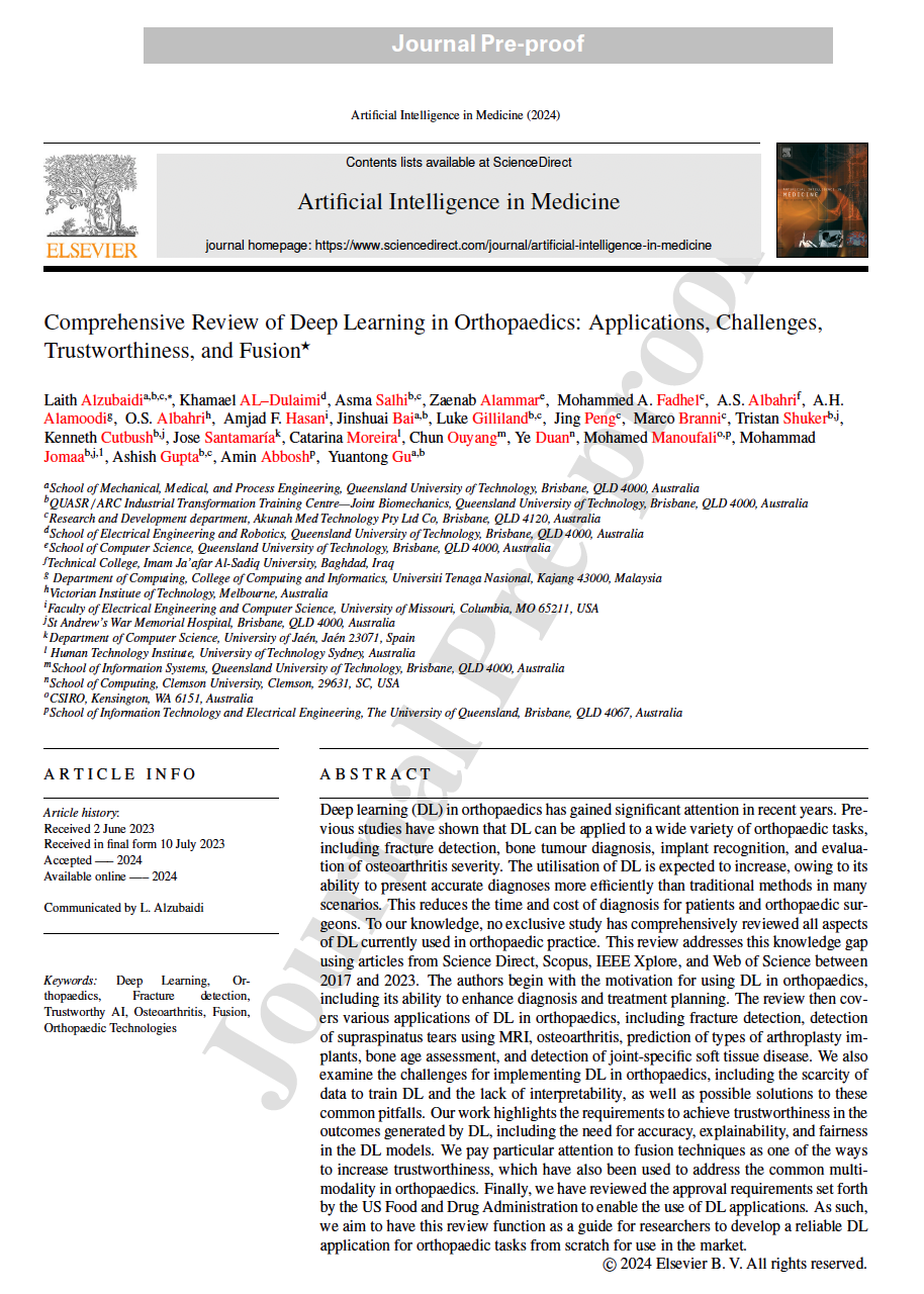Review of deep learning in orthopaedics published in Artificial Intelligence in Medicine