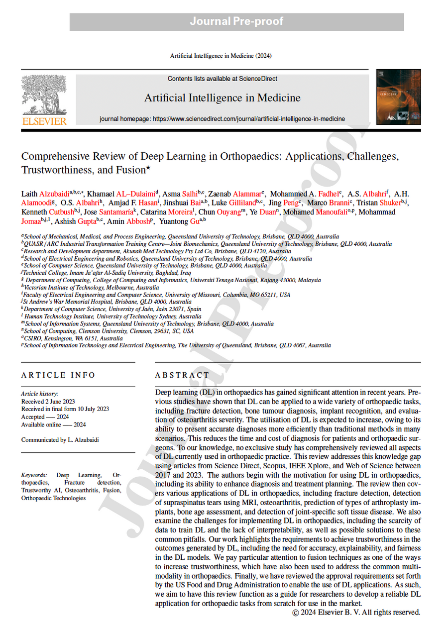 Review of deep learning in orthopaedics published in Artificial Intelligence in Medicine