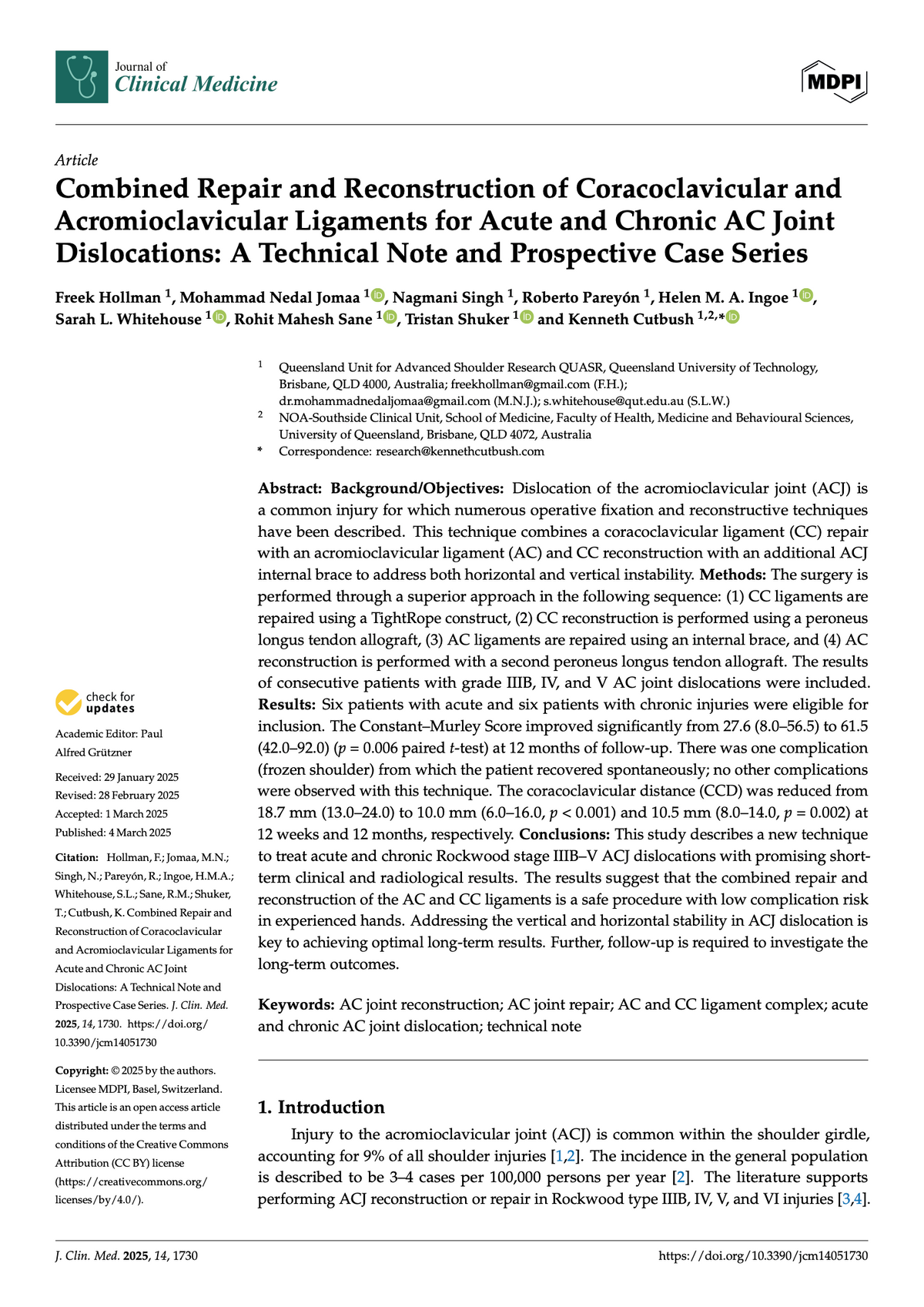 Published paper on combined coracoclavicular and acromioclavicular ligament reconstruction