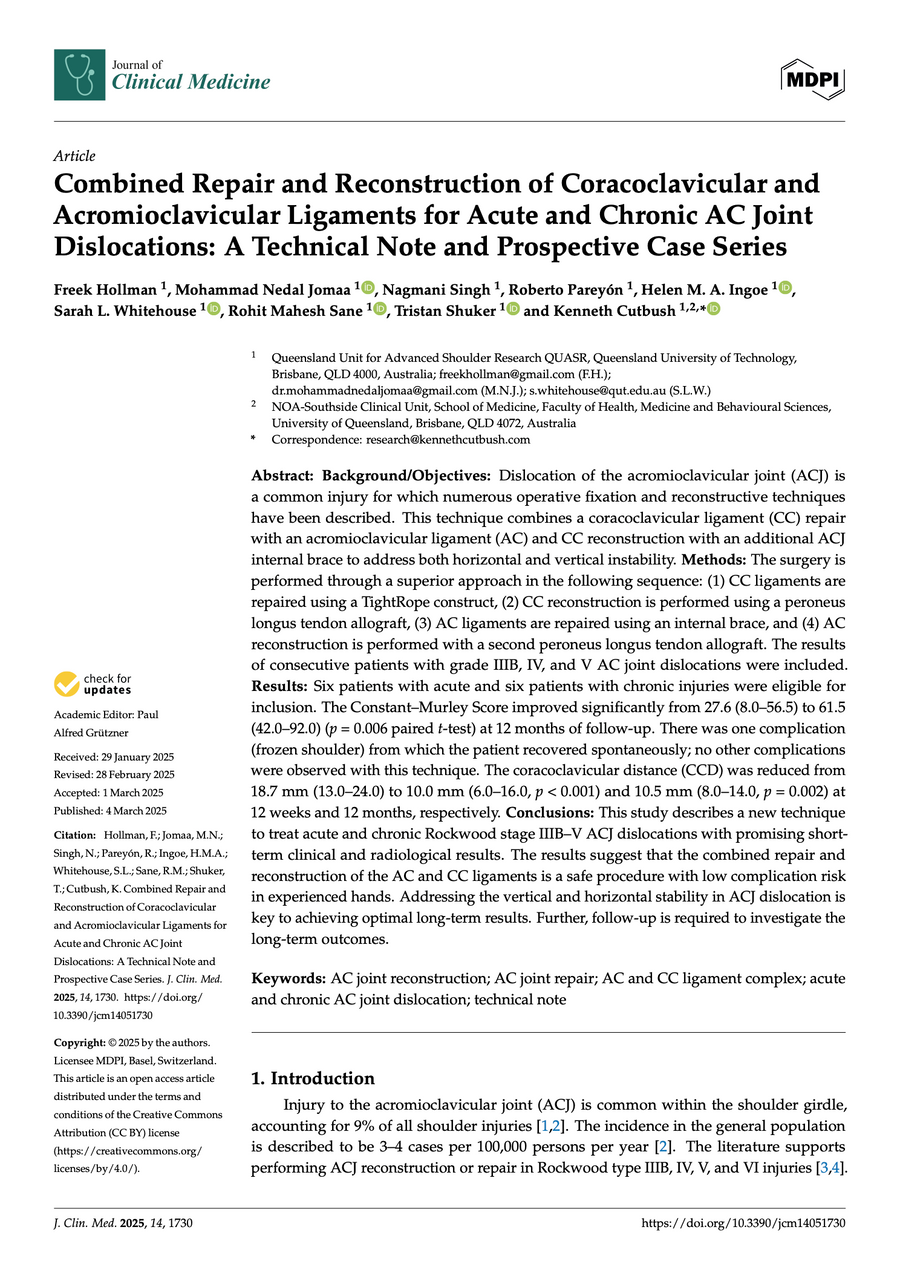 Published paper on combined coracoclavicular and acromioclavicular ligament reconstruction