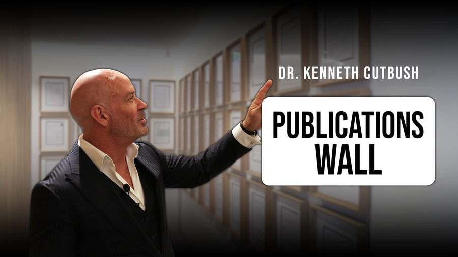 The publications wall in Dr Kenneth Cutbush's Brisbane office